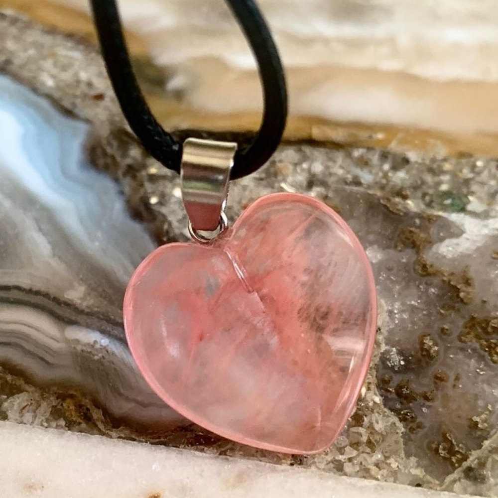 2400 Quartz Heart Polished Stone Necklace with Black Cord